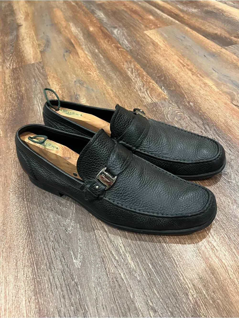 Salvatore Ferragamo Black Leather Men’s Moc Toe Slip-On Loafers